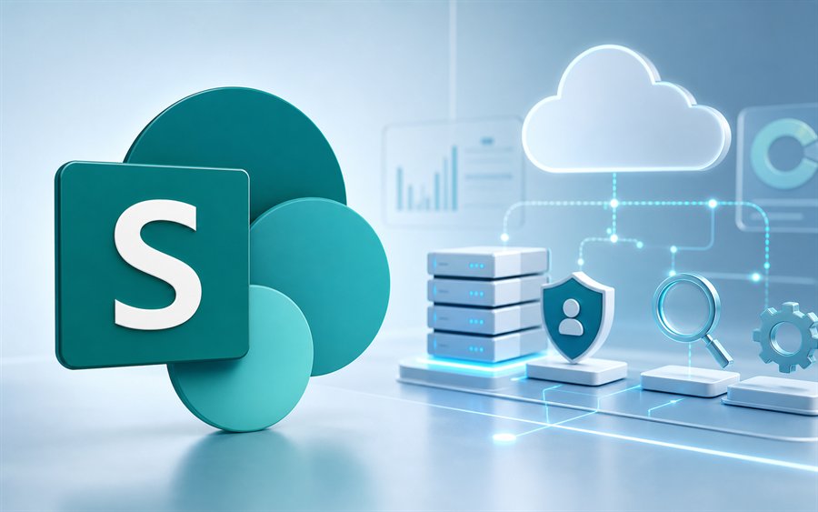 SharePoint Logo in einer Cloud-Administrationsumgebung mit Servern, Sicherheitssymbol und Suchlupe