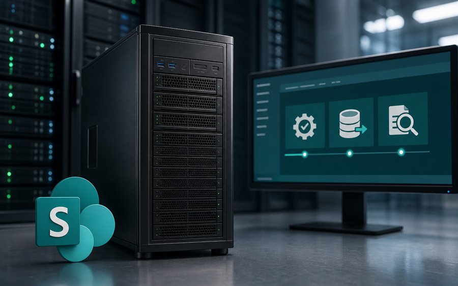 Echter Server-Tower im Rechenzentrum als Symbol für SharePoint Server 2019 On-Premise Administration